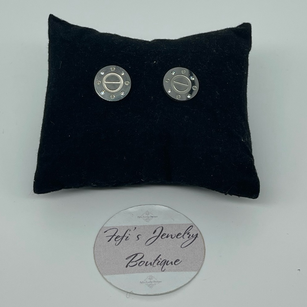 New, Stainless Steel Silver Love Stud Earrings with micro paved Cubic zirconia
